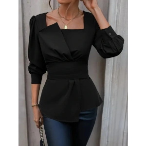 Kadın Uzun Kollu Geometrik Yakalı Belden Oturmalı Ithal Krep Bluz