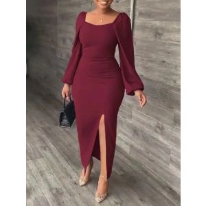 Kadın Uzun Kollu Geometrik Yakalı Yandan Yırtmaçlı Uzun Janjan Krep Elbise