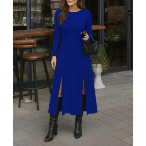 Kadın Uzun Kollu Hafif Kayık Yaka Sırt Dekolteli Yırtmaç Detaylı Viskon Tam Boy Elbise