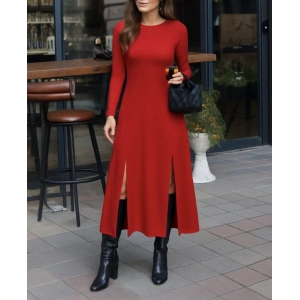 Kadın Uzun Kollu Hafif Kayık Yaka Sırt Dekolteli Yırtmaç Detaylı Viskon Tam Boy Elbise