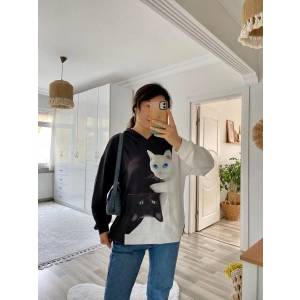 Kadın Uzun Kollu Kapşonlu Bağcıklı Kedi Desenli şardonlu Dalgıç Bluz