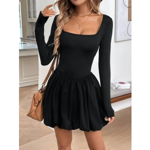 Kadın Uzun Kollu Kare Yaka Mini Balon Modal Elbise