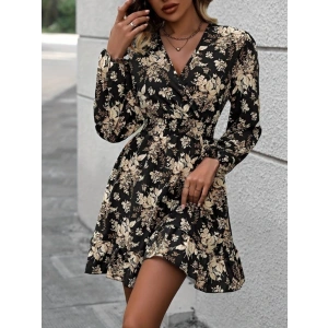 Kadın Uzun Kollu Kruvaze Yaka Beli Gipeli çiçek Desenli Kısa Dalgıç Elbise