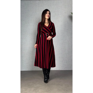 Kadın Uzun Kollu Kruvaze Yaka Kemer Dahil çizgili Triko Elbise