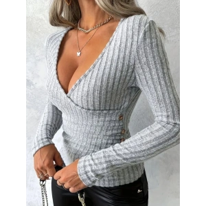 Kadın Uzun Kollu Kruvaze Yaka Yandan Düğme Detaylı şardonlu Kaşkorse Bluz