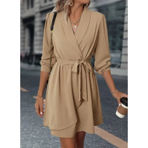Kadın Uzun Kollu Kruvaze Yakalı Belden Kuşaklı Mini çift Katlı Ithal Krep Elbise