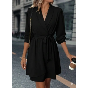 Kadın Uzun Kollu Kruvaze Yakalı Belden Kuşaklı Mini çift Katlı Ithal Krep Elbise