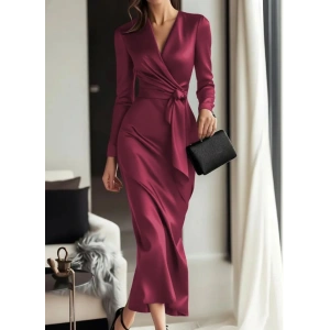 Kadın Uzun Kollu Kruvaze Yakalı Beli Kuşaklı Uzun Saten Elbise