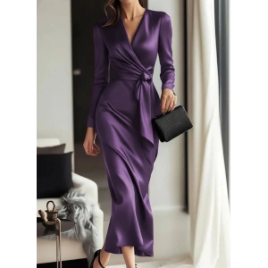 Kadın Uzun Kollu Kruvaze Yakalı Beli Kuşaklı Uzun Saten Elbise