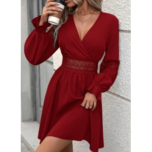 Kadın Uzun Kollu Kruvaze Yakalı Dantelli Fermuar Detaylı Mini Ithal Krep Elbise