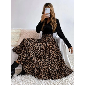 Kadın Uzun Kollu Kruvaze Yakalı Ithal Krep Bluz Ve Leopar Desenli Süprem Uzun Elbise