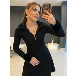 Kadın Uzun Kollu Kürk Yakalı Fermuarlı Kısa Viskon Iki Iplik Elbise