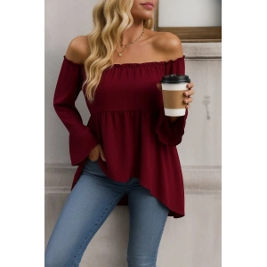 Kadın Uzun Kollu Madonna Yaka Asimetrik Detaylı Kolları Ispanyol Viskon Bluz