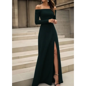 Kadın Uzun Kollu Madonna Yakalı Yırtmaç Detaylı Uzun Ithal Krep Elbise