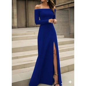 Kadın Uzun Kollu Madonna Yakalı Yırtmaç Detaylı Uzun Ithal Krep Elbise