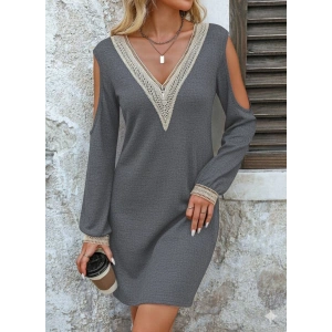 Kadın Uzun Kollu Omuzdan Açık V Dantel Yakalı Mini Waffle Elbise