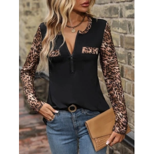 Kadın Uzun Kollu önden Fermuarlı Cepli Leopar Detaylı Viskon