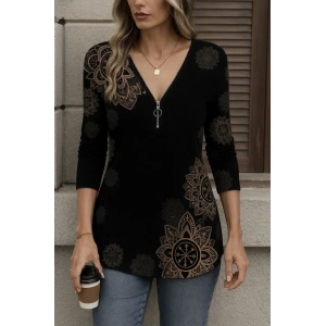 Kadın Uzun Kollu önden Fermuarlı Desenli Süprem Bluz