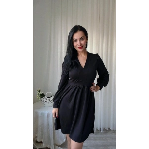 Kadın Uzun Kollu V Yaka Belden Hafif Pileli Scuba Krep Mini Boy Elbise