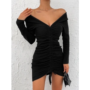 Kadın Uzun Kollu V Yaka Büzgülü Kaşkorse Elbise