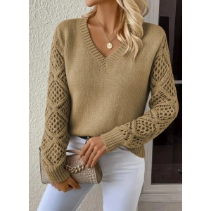 Kadın Uzun Kollu V Yaka Kol Delikli Baklava Desen Detaylı Triko Kazak