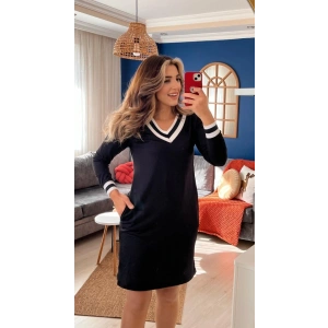 Kadın Uzun Kollu V Yaka şeritli Iki Iplik Salaş Elbise