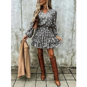 Kadın Uzun Kollu V Yakalı Belden Kuşaklı Puantiyeli Mini Modal Elbise