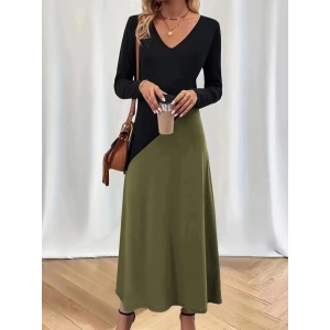 Kadın Uzun Kollu V Yakalı Blok Desenli Viskon Elbise