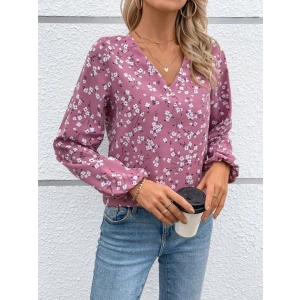 Kadın Uzun Kollu V Yakalı çiçek Desenli Modal Bluz