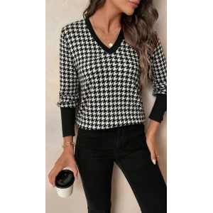 Kadın Uzun Kollu V Yakalı Desenli Süprem Bluz