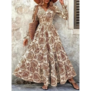 Kadın Uzun Kollu V Yakalı Desenli Süprem Elbise