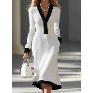 Kadın Uzun Kollu V Yakalı Düğmeli Midi Modal Elbise