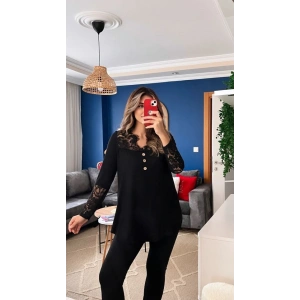 Kadın Uzun Kollu Yaka Kol Ucu Dantel Detaylı önden Düğmeli Viskon Bluz