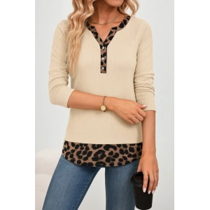 Kadın Uzun Kollu Yakadan Düğmeli Leopar Detaylı Kaşkorse Bluz