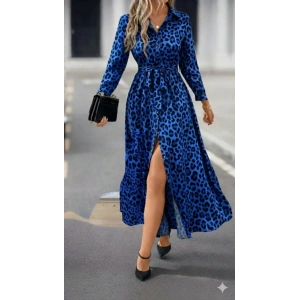 Kadın Uzun Kollu Yakalı Belden Kuşaklı Leopar Desenli Modal Uzun Elbise