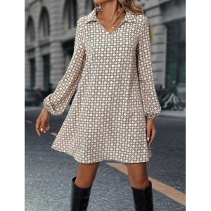 Kadın Uzun Kollu Yakalı Desenli Mini Modal Elbise