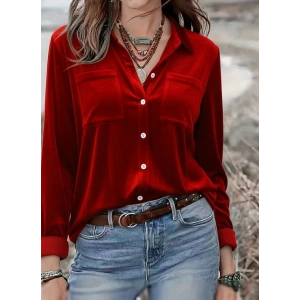 Kadın Uzun Kollu Yakalı önden Düğmeli Cep Detaylı Kadife Gömlek