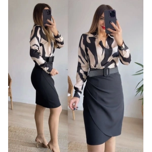 Kadın Uzun Kollu Yakalı üst Dalgıç Eteği Krep Kemerli Elbise