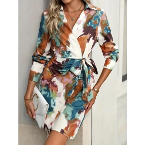 Kadın Uzun Kollu Yakalı Yandan Bağlamalı Mini Desenli Modal Elbise