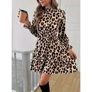 Kadın Uzun Kollu Yarı Balıkçı Yaka Leopar Desenli Modal Mini Elbise