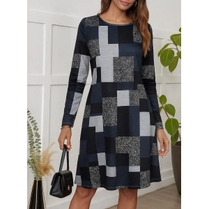 Kadın Uzun Kollu Yuvarlak Yaka Geometrik Süprem Elbise