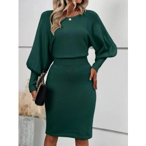 Kadın Uzun Yarasa Kollu Yakası Açık Belden Oturtmalı Kısa Triko Elbise