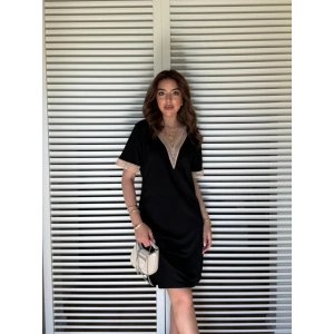 Kadın V Yaka Güpürlü İki İplik Elbise