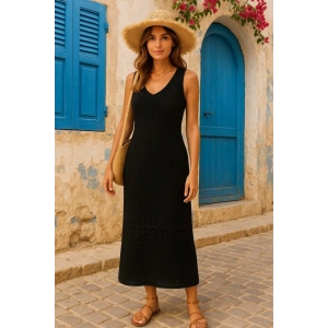 Kadın V Yaka Tam Askılı Tam Boy Ajurlu Triko Elbise