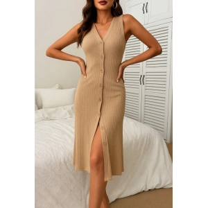 Kadın V Yakalı önden Düğmeli Kaşkorse Elbise