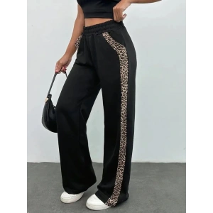 Kadın Yüksek Bel Bağcıklı Yanları Leopar Desenli Viskon Iki Iplik Pantolon