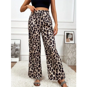 Kadın Yüksek Bel Beli Lastikli Bağcıklı Leopar Desenli Süprem Pantolon