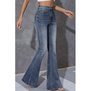 Kadın Yüksek Bel Fermuarlı İspanyol Paçalı Kot Pantolon