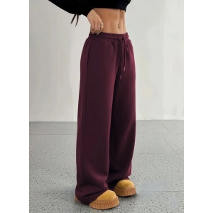 Kadın Yüksek Bel Lastikli Bağcıklı Geniş Kesim Dalgıç Mürdüm Pantolon