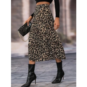 Kadın Yüksek Bel Leopar Desenli Midi Krep Etek